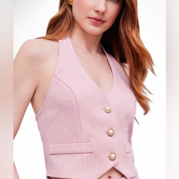 New CIDER Pink linen halter Vest with Pearl button accents, size L - Picture 2 of 9